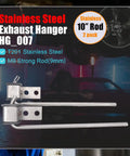 Exhaust Hanger Rod 10 Inch Stainless Steel 3/8 Inch Thick with mount bracket and rubber isolator displayed in garage