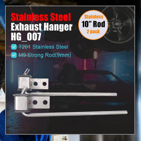 Exhaust Hanger Rod 10 Inch Stainless Steel 3/8 Inch Thick with mount bracket and rubber isolator displayed in garage