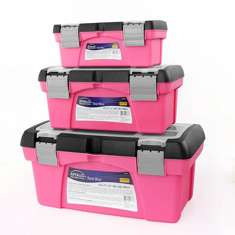 Three Piece Stackable Tool Box Set With Top Compartments And Removable Trays For Crafts And Tool Storage In Pink Ribbon displayed