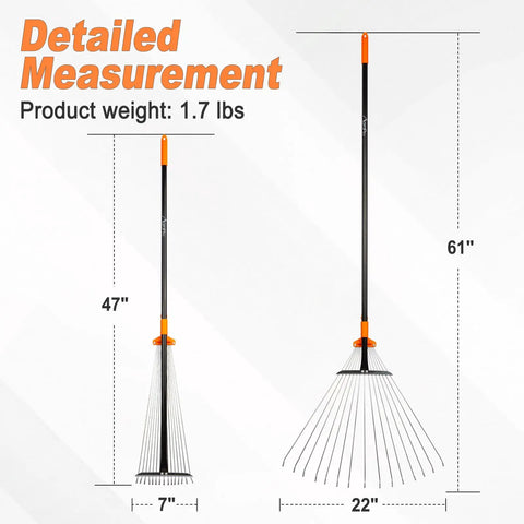 Long Handle Leaf Rake For Lawns With Adjustable Head 61 Inch Heavy Duty Rake Made From High Carbon Steel Tines Zinc Plated