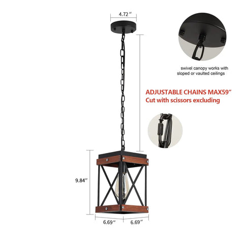 Dope Rustic Farmhouse Pendant Light With Wood And Metal Cage One Light Adjustable Chains Industrial Mini Pendant Ceiling Fixture For Kitchen Island Cafe Bar Black with adjustable chain details and canopy dimensions