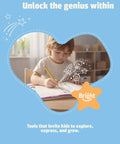 Child writing in a notebook with drawings of rockets and stars around, promoting creativity and learning.