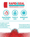 Front view of Rapid Seal antibacterial wound gel tube with red cap, part of a 15-piece first aid kit.