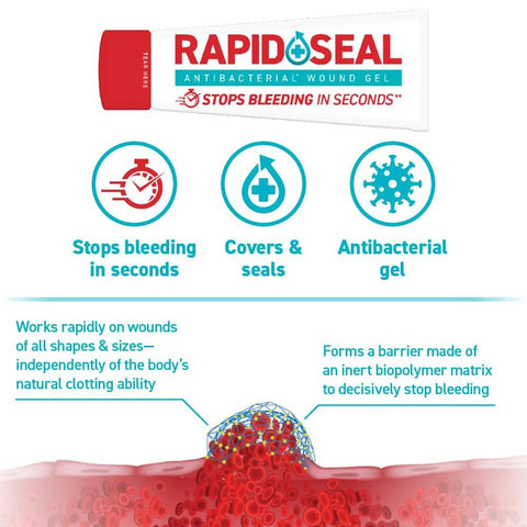 Front view of Rapid Seal antibacterial wound gel tube with red cap, part of a 15-piece first aid kit.