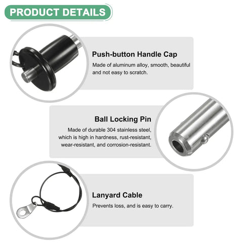 Four Pack Ball Locking Pins 6mm Diameter 25mm Length With Button Grip Quick Release Pins, push-button cap, stainless steel pin, lanyard cable