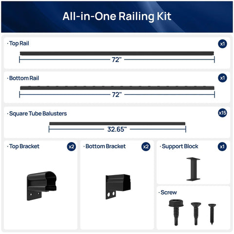 Components of Rock Solid Aluminum Porch And Deck Railing Kit With 6 Foot Span And 36 Inch Height, including rails and balusters.