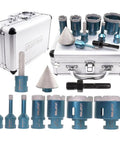Pro Grade Diamond Core Drill Bits Kit For Tile And Stone, Ten Piece Set with metal case, includes various bit sizes