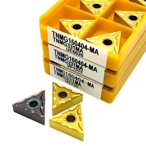 Top Tier Indexable Carbide Lathe Tool For Tough External Turning Jobs With Hardened TNMG160404 Inserts in yellow container.