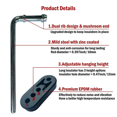 Universal Muffler Hanger Kit 16 Piece With 10mm Weld On Rods Zinc Coated Mild Steel And Rubber Insulators details view