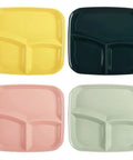 Four colorful 8 Pack Unbreakable Divided Dinner Plates with Three Compartments for Portion Control, top view