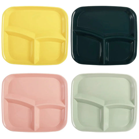 Four colorful 8 Pack Unbreakable Divided Dinner Plates with Three Compartments for Portion Control, top view