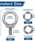 Ten Piece M6 Eye Bolts With Nuts Stainless Steel Lifting Eyebolts showing product dimensions and sizes.