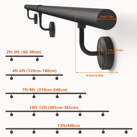 Top Shelf 7 Foot Industrial Pipe Stair Handrail In Classic Matte Black Finish built strong with interlocking sections for support.