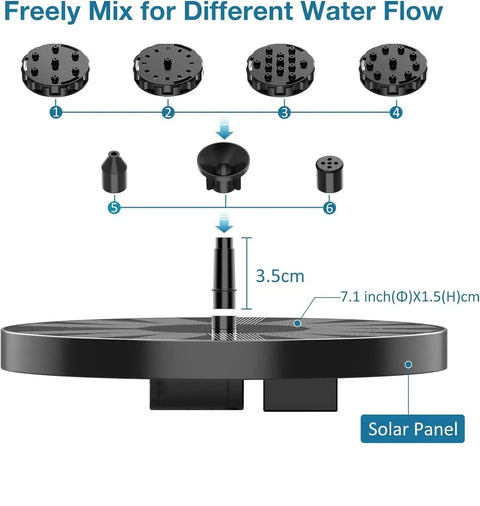 Outdoor Solar Fountain Pump 3.5W With 6 Nozzles For Bird Bath, Pond, And Garden Decor showing solar panel and nozzle options