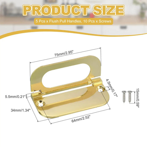 Slick Low Profile Flush Ring Pulls Solid Zinc Alloy Drawer Handles Coated In A Crisp Gold Finish 5 Pack showing size and screws.
