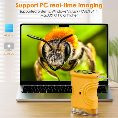 2.0 Inch Screen Kids Microscope With 1000X Digital Magnification, Super Portable Pocket Handheld Microscope For Kids, Kid Friendly Educational Science Toy Gift For Boys And Girls Ages 4 To 12, Great For Home School And Fun Experiments, yellow handheld microscope connected to laptop