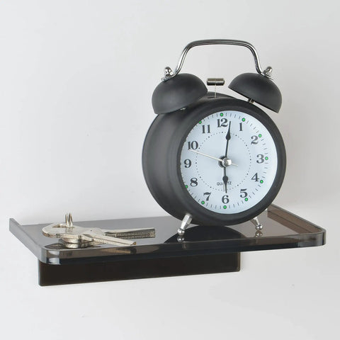 Adhesive Wall Shelf Clear Acrylic Space Saver For Bathroom Kitchen Office with clock and keys, no drill mount visible.