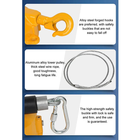 Rock Solid Spring Balancer Tool Hanger Rig Featuring Smooth Self Lock Pulley And Tangle Free Steel Cable for shop use, highlighting safety hooks and sturdy pulley.