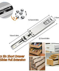 Two Pack Five Inch Soft Close Drawer Slides Featuring Heavy Duty Steel Rails With Slick Ball Bearing Glide For Easy Side Mount Cabinet Install, shown with measurements and kitchen use.