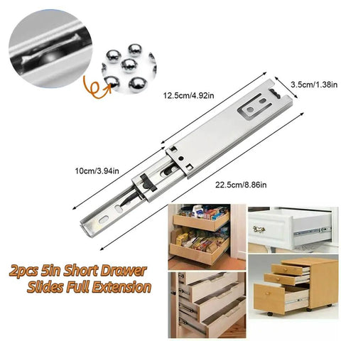 Two Pack Five Inch Soft Close Drawer Slides Featuring Heavy Duty Steel Rails With Slick Ball Bearing Glide For Easy Side Mount Cabinet Install, shown with measurements and kitchen use.