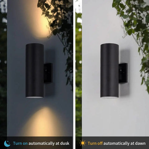 Dual Head Outdoor Porch Light Set With Dusk To Dawn Sensor, Matte Black Aluminum Cylinder And Tempered Glass Cover, IP65 Waterproof Wall Sconce, No Fuss Install, 4 Pack, Bulbs Not Included