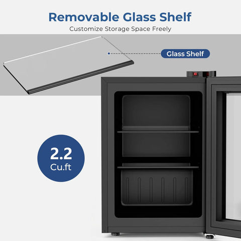 Solid Mini Upright Freezer Countertop Model With 2.2 Cubic Feet Span showing removable glass shelf for customizable storage.