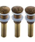Copper Wash Basin Drain Plug, With drain hole, With drain hole A in antique finish, showcasing three decorative designs.