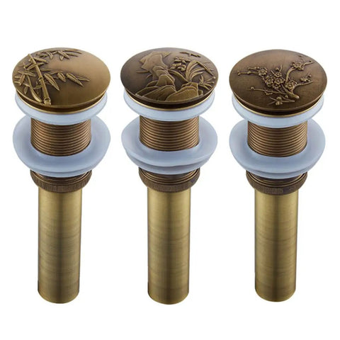 Copper Wash Basin Drain Plug, With drain hole, With drain hole A in antique finish, showcasing three decorative designs.