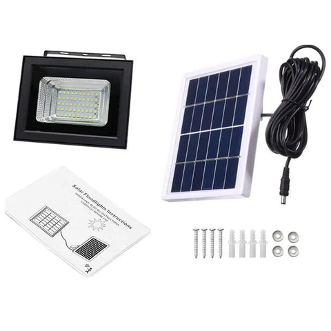JUDYSSY Led Solar Flood Light components including LED floodlight, solar panel, user manual, and mounting accessories.
