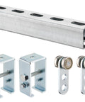 4.75 Foot Strut Channel Trolley Track Kit With One And Five Eighths Inch Wheel Trolley 12 Gauge Steel Channel Trolley Track Hanger Bracket Two Wheel Assembly Rollers Beefy Metal Strut Channel For Heavy Duty Support