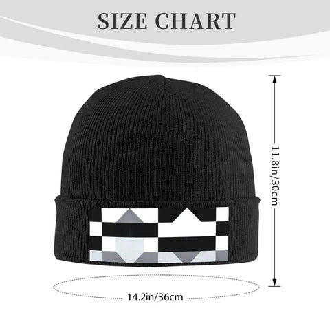 Premium Black And White Piano Plate Grid Knit Beanie Super Soft Winter Hat For Men And Women on a size chart with measurements.