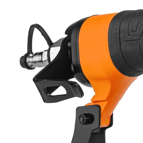 Close-up of Next Gen Pneumatic 18 Gauge One And Five Eighths Inch Narrow Crown Stapler's air connector and metal belt hook.