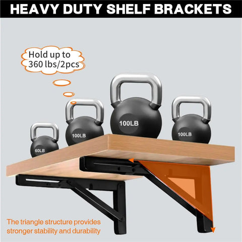 Heavy Duty Folding Shelf Brackets 12 Inch 2 Pack Wall Mounted Drop Down Table For Home Or Workspace Space Saving Counter Supports 400 Pounds Black With Rock Solid Hinge with kettlebells on a wooden shelf.