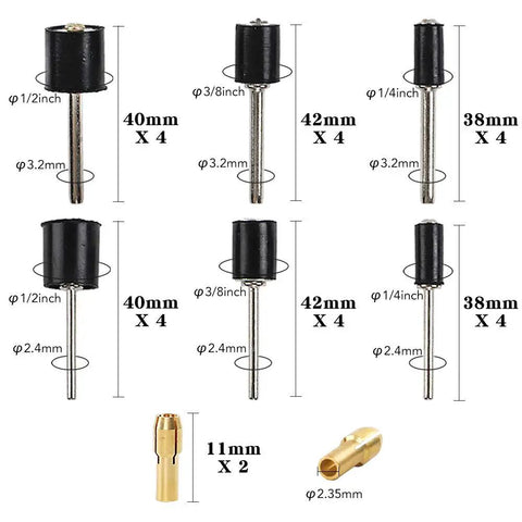 Mandrels and chucks from All In One Rotary Sanding Drum Kit With 432 Sanding Sleeves, 24 Mandrels, And 2 Self Tightening Drill Chucks.
