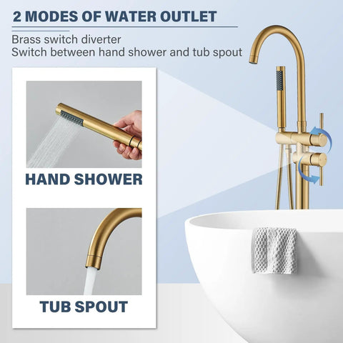 Freestanding Bathtub Faucet Set With Floor Mount Tub Filler, Brushed Nickel Finish, High Flow Shower Faucets shown in use