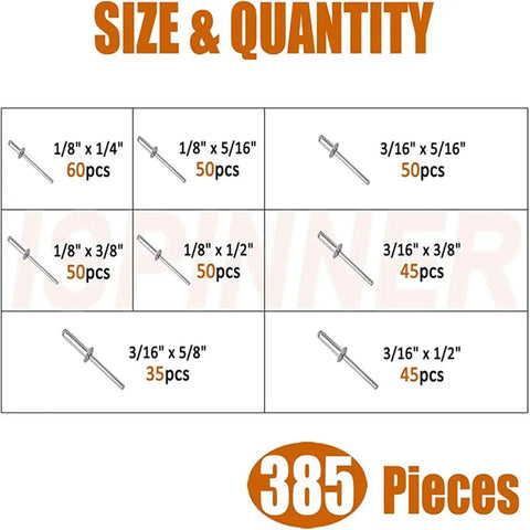 385 Piece Aluminum Dome Head Pop Rivets Kit For M3.2 And M4 Open End, size and quantity chart