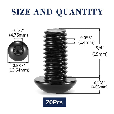 Heavy Duty 5/16-18 X 3/4 Inch Button Head Socket Cap Bolts Made From Tough As Nails 304 Stainless Steel With Black Oxide Coat And Included Hex Key For No Sweat Home Repairs 20 Piece Kit with size and dimensions