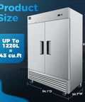 Heavy Duty Commercial Reach In Freezer, Two Door Stainless Steel Bottom Mount Upright Unit, product size 81.9"H x 54.1"D x 30.7"W.