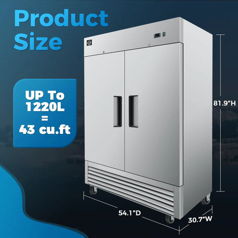 Heavy Duty Commercial Reach In Freezer, Two Door Stainless Steel Bottom Mount Upright Unit, product size 81.9"H x 54.1"D x 30.7"W.