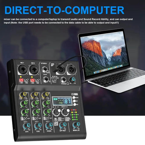 XR4 Pro 4 Channel DJ Mixer With Built In DSP 99 Effects Bluetooth 5.0 USB Recording shown with laptop connection