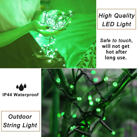 Close-up of Green String Lights With 200 LEDs 66 Ft Indoor Outdoor Fairy Lights showcasing waterproof feature and glowing effect.