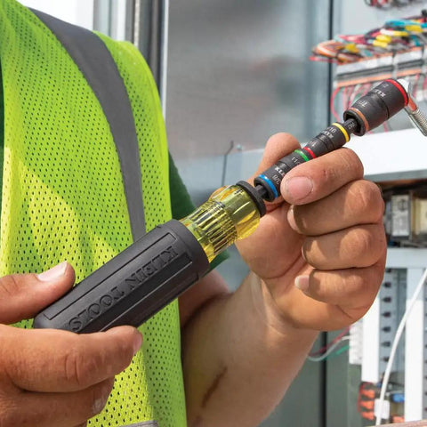 Person using 7-In-1 Flip Socket Set With SAE Nut Driver Sizes 1/4 In, 5/16 In, 11/32 In, 3/8 In, 7/16 In, 1/2 In, 1/4 In Bit Holder