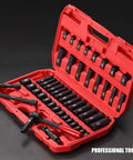 Open red toolbox with 3/8 Inch Drive Impact Socket Set, 49 Piece 6 Point SAE and Metric, Chrome Vanadium Heat Treated Sockets.