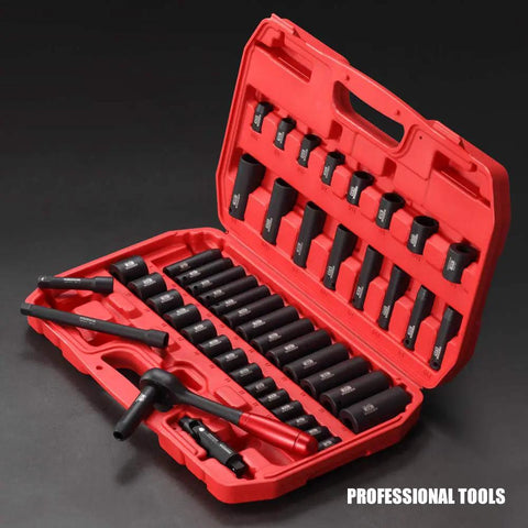 Open red toolbox with 3/8 Inch Drive Impact Socket Set, 49 Piece 6 Point SAE and Metric, Chrome Vanadium Heat Treated Sockets.