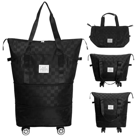 Foldable Travel Bag With Removable 360 Degree Wheels, Large Carry On Luggage Or Suitcase in Checkerboard Black, waterproof Oxford cloth with durable zippers