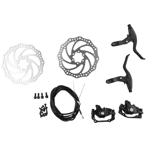 Real Deal Mechanical Disc Brake Set For Mountain Bikes Front And Rear With 160Mm Rotors Wire Control Alloy Calipers Black Silver showing rotors and calipers.