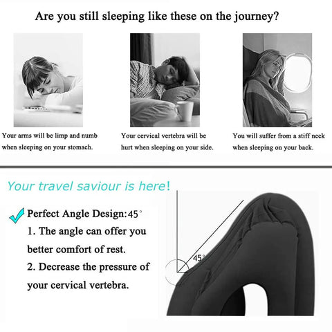 Diagram of inflatable travel neck pillow with 45-degree angle design for improved comfort and cervical support, shown in black.