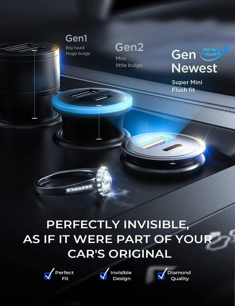 Mini Metal Car Charger With 67.5W USB C Fast Charging PD QC For 12V Lighter Outlet, Zinc Alloy Build, compact design showcase