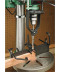 Kickass Mortising Attachment Kit For Standard Drill Presses featuring chisel holder in use on wooden board.