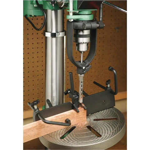 Kickass Mortising Attachment Kit For Standard Drill Presses featuring chisel holder in use on wooden board.